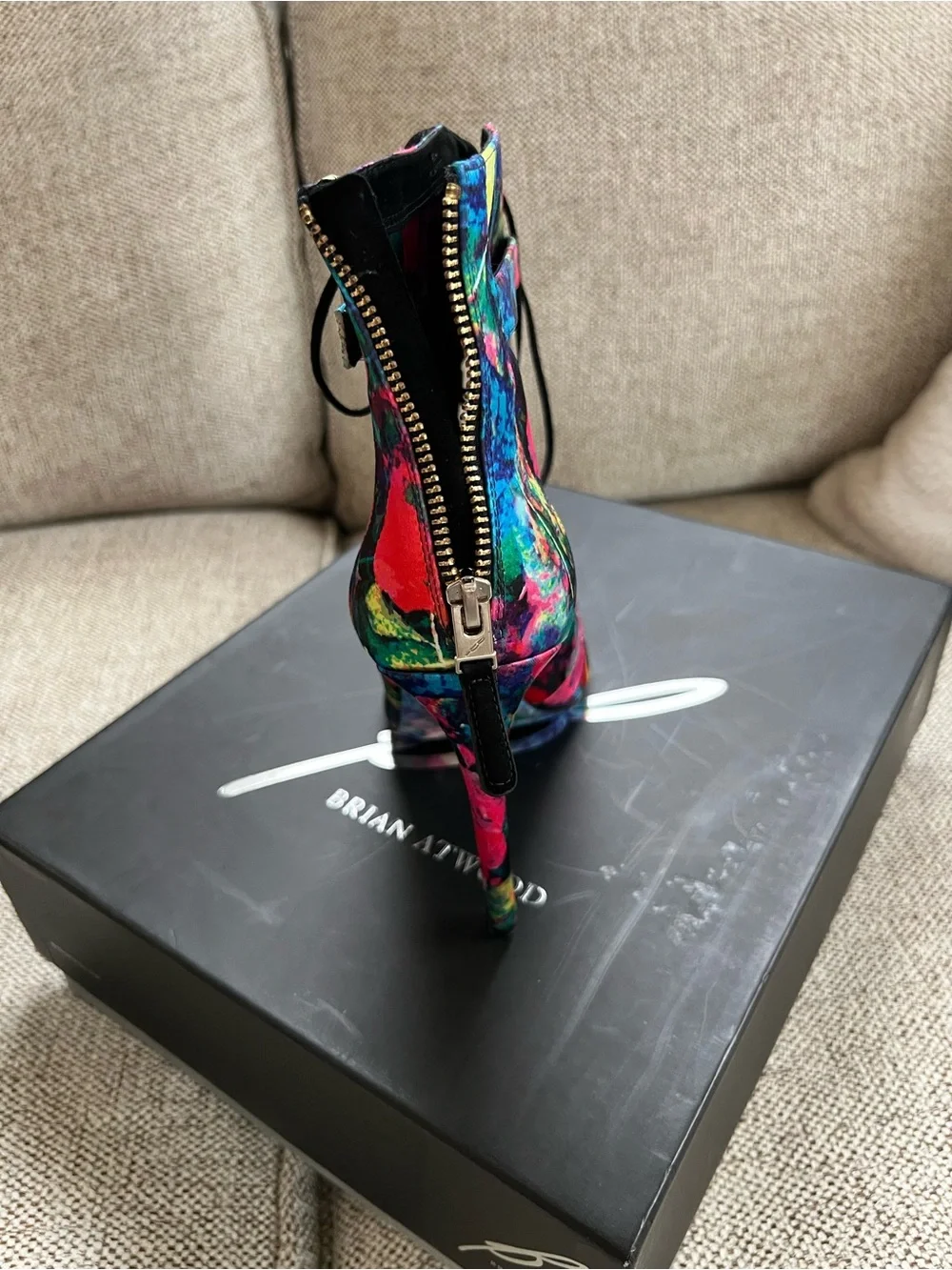 Brian Atwood Multicolor Floral Lace-Up Peep-Toe Stiletto Bootie